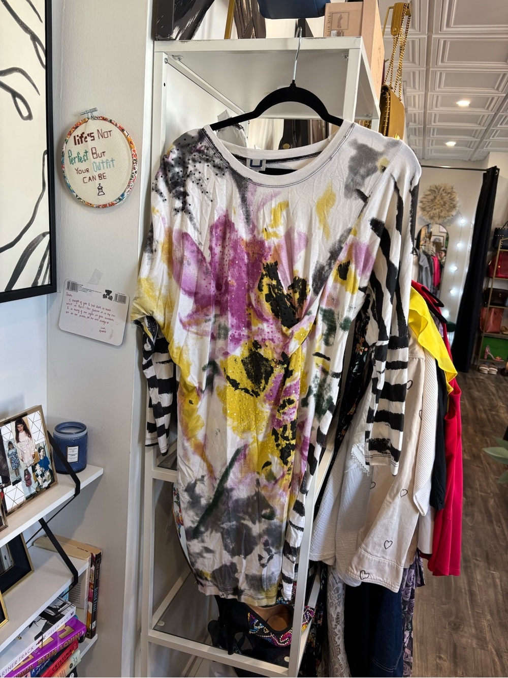 Adolfo Dominguez White Floral & Striped Long Sleeve Dress